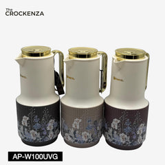 Premium FEENIK Floral Vacuum Flask Thermos – Luxury Gold Lid & Handle Insulated Tea / Coffee Jug (1L)
