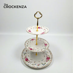 Royal Albert-Inspired 3-Tier Bone China Pastry Stand – Elegant Floral Design with Gold Handle