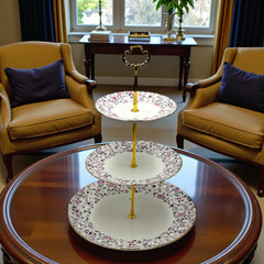 Royal Albert-Inspired 3-Tier Bone China Pastry Stand – Elegant Floral Design with Gold Handle