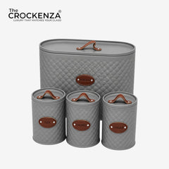 Luxury 4-Piece Bread Box & Tea Coffee Sugar Canister Set with Leather Handles – Premium Kitchen Storage Set