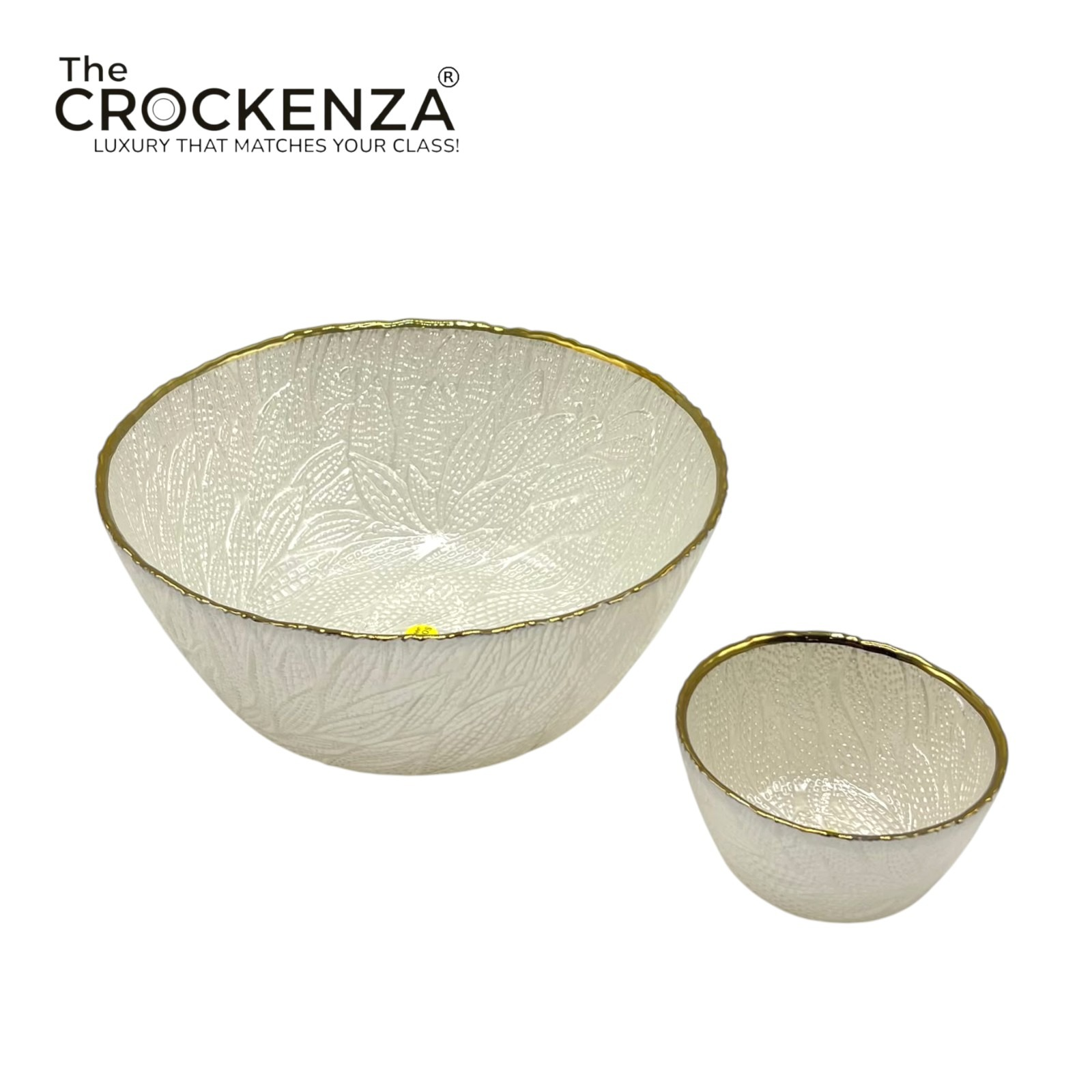 Luxury 7-Piece White Textured Glass Bowl Set with Gold Rim – 1 Large Serving Bowl & 6 Small Bowls