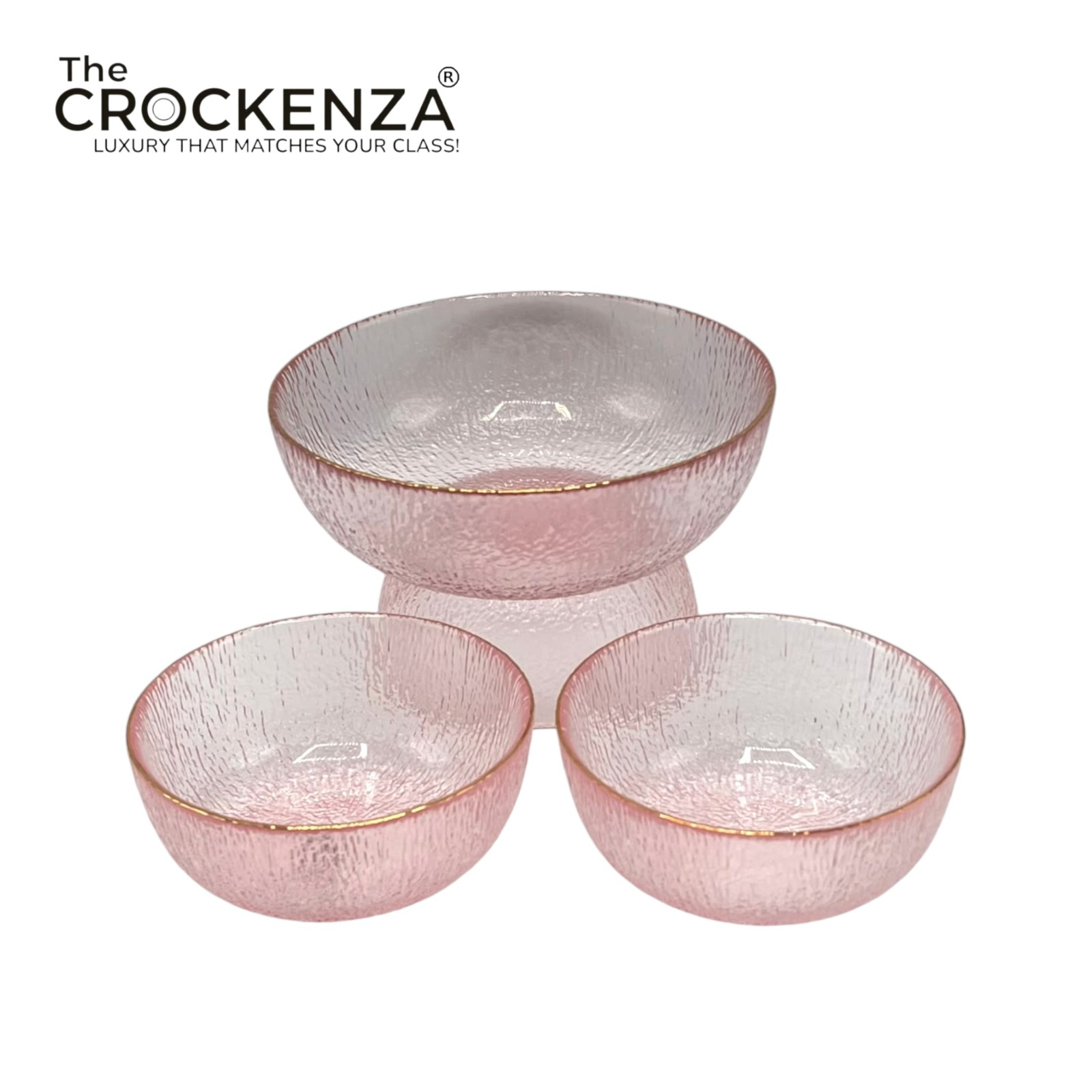 Luxury 7-Piece Pink Textured Glass Bowl Set with Gold Rim – 1 Large & 6 Small Serving Bowls