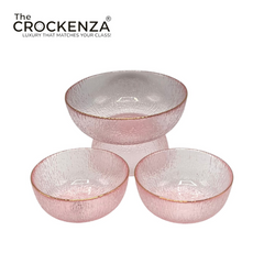 Luxury 7-Piece Pink Textured Glass Bowl Set with Gold Rim – 1 Large & 6 Small Serving Bowls