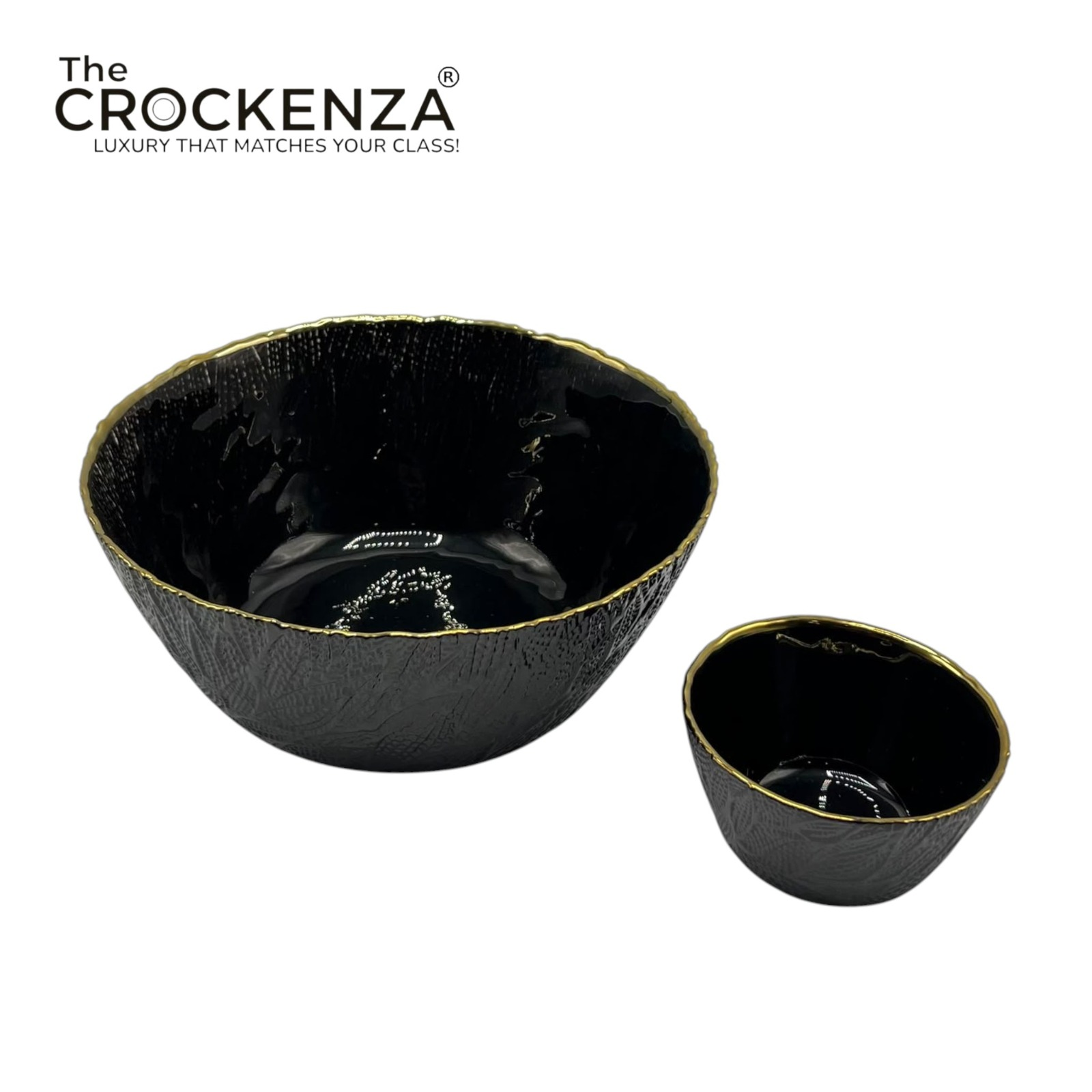 Luxury 7-Piece Black Glass Bowl Set with Gold Rim – 1 Large & 6 Small Serving Bowls