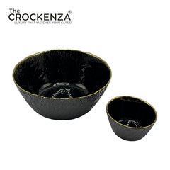 Luxury 7-Piece Black Glass Bowl Set with Gold Rim – 1 Large & 6 Small Serving Bowls