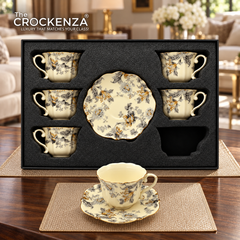 Luxury 12 Pcs Floral Cup & Saucer Set with Gold Handles – Premium Porcelain Tea Cups