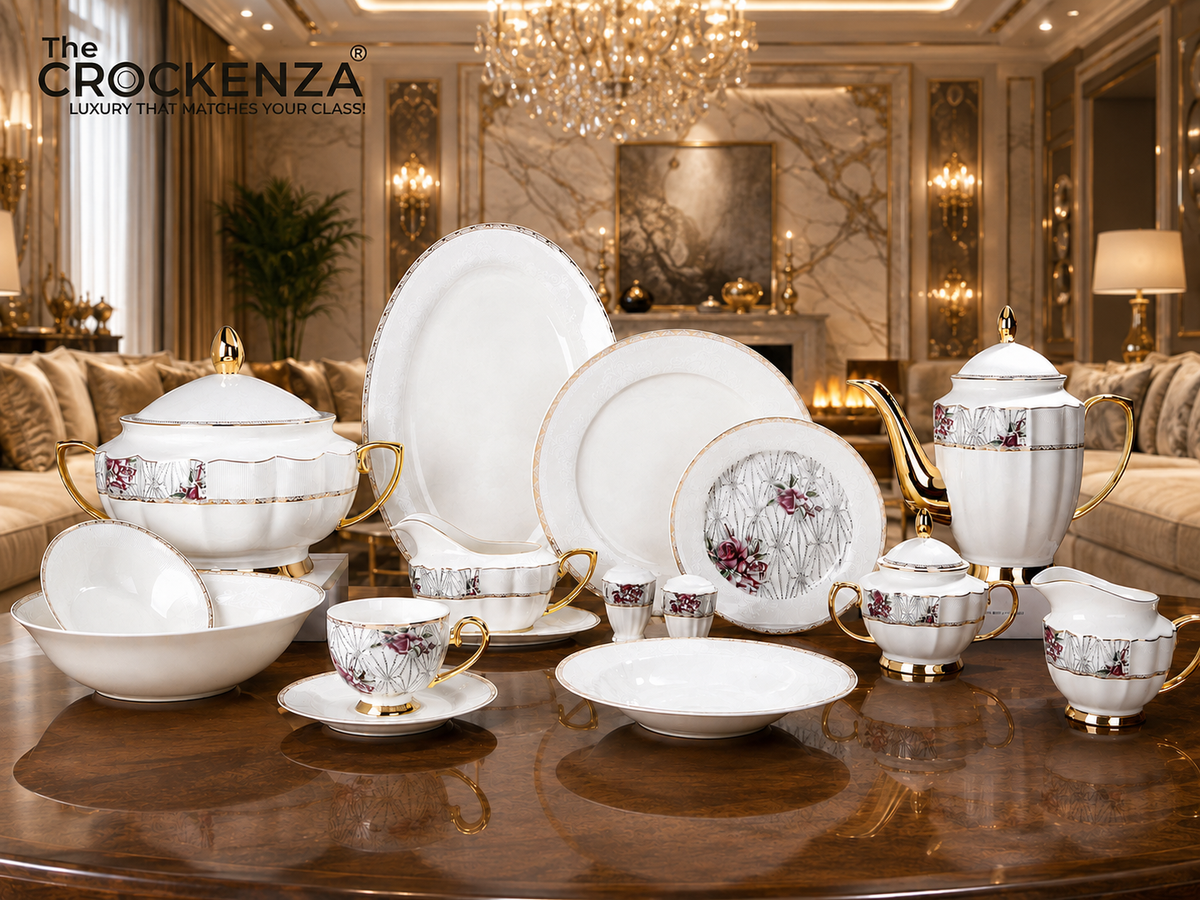 Johnson Bros Inspired Royal Floral Bone China Luxury Dinner Set | 65 & 89 Piece Gold-Gilded Collection