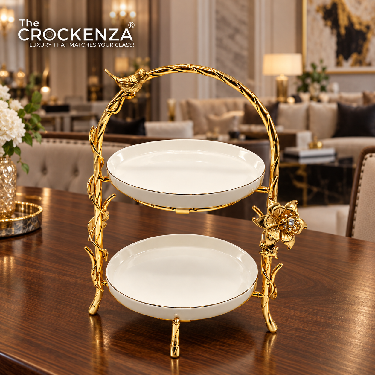 Luxury 2-Tier Pastry Stand with Golden Bird & Floral Accent – Elegant Dessert Serving Stand