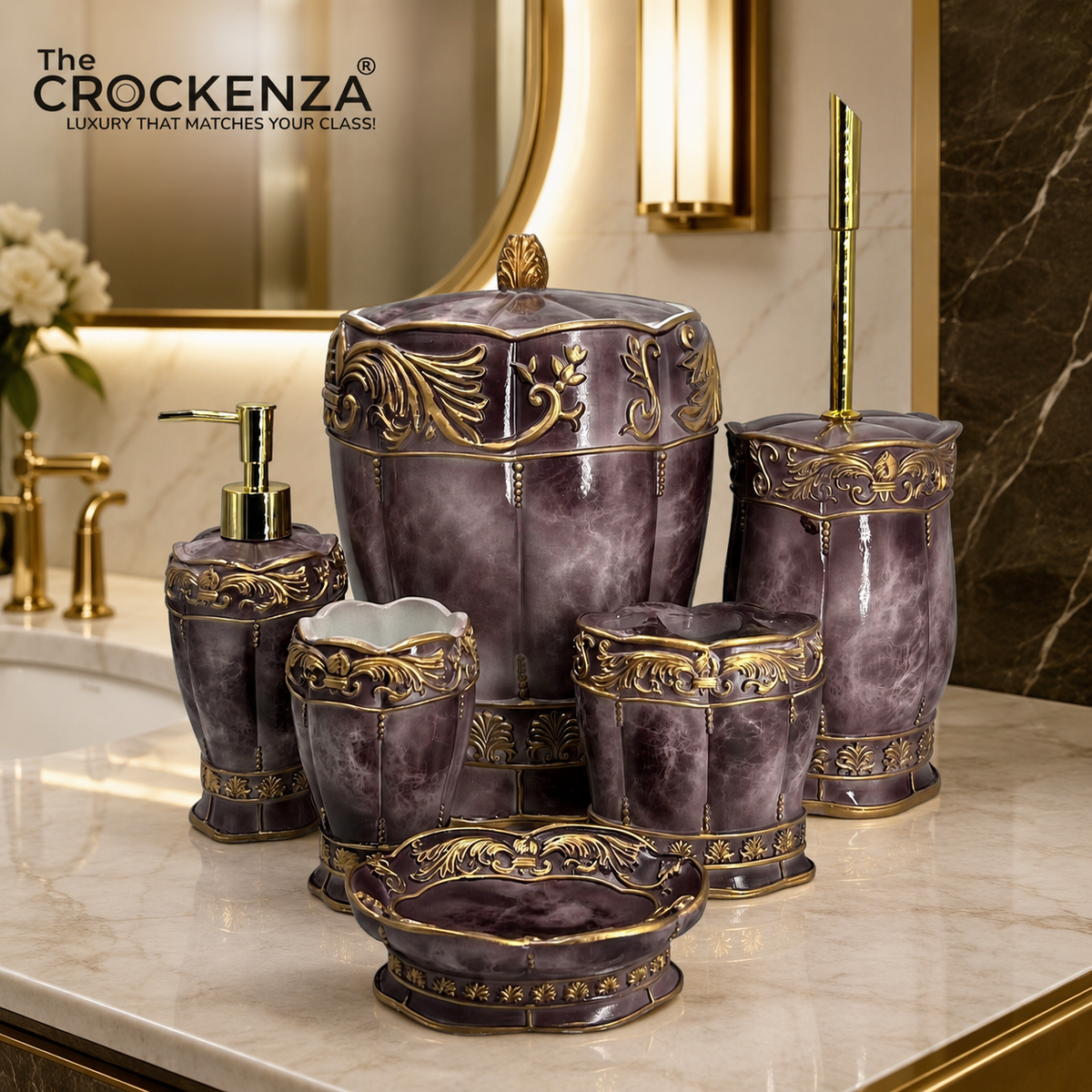 The Sovereign Amethyst Ensemble: 6-Piece Hand-Finished Marbled Resin Suite with Ornate Gilded Filigree