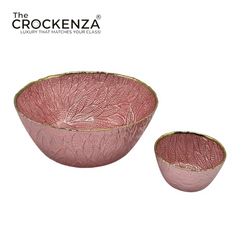 Luxury Pink Textured Glass Bowl Set with Gold Rim – 7 Piece Serving Bowl Set