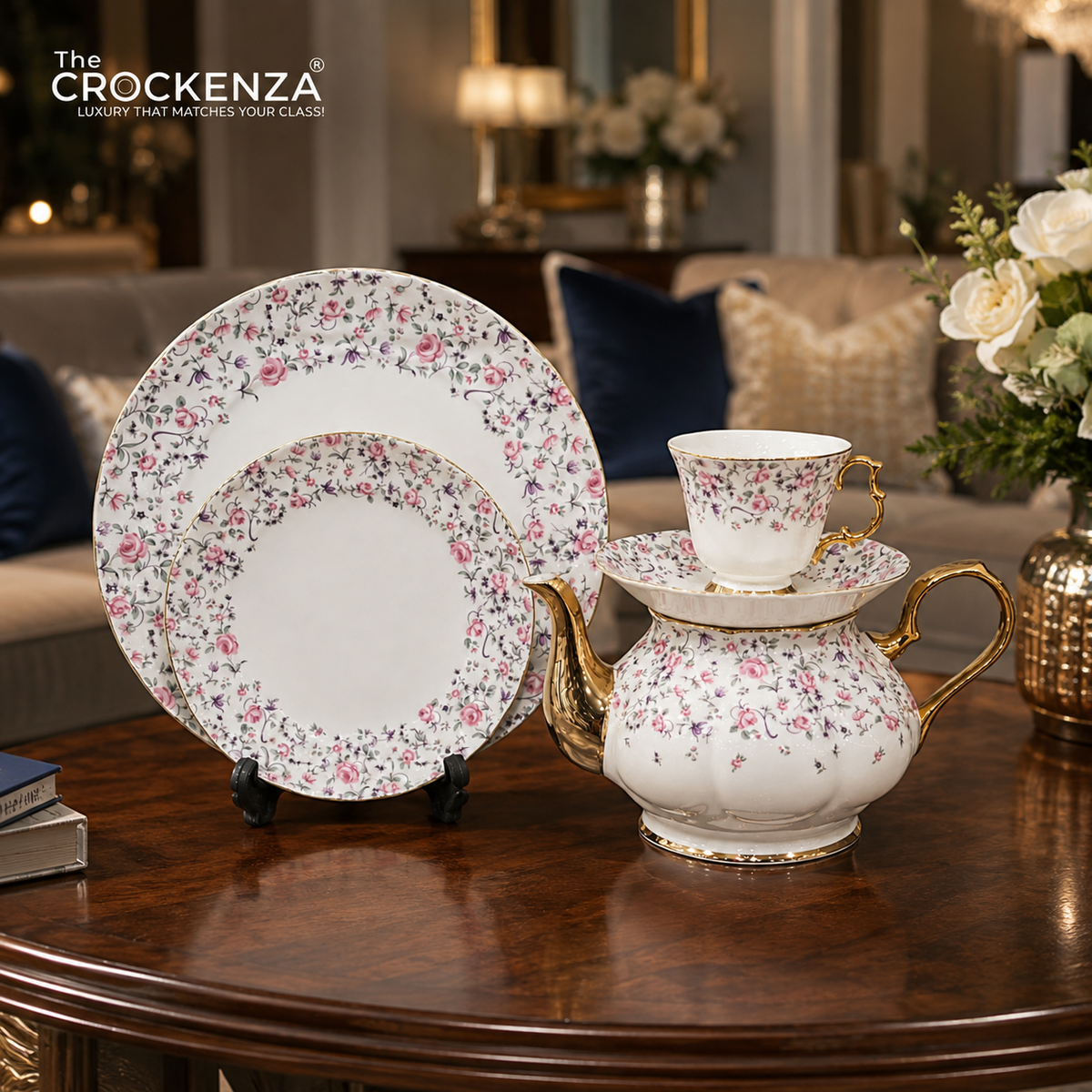 Royal Albert Inspired Luxury 24-Piece Pink Rose Floral Tea Set with Gold Accents