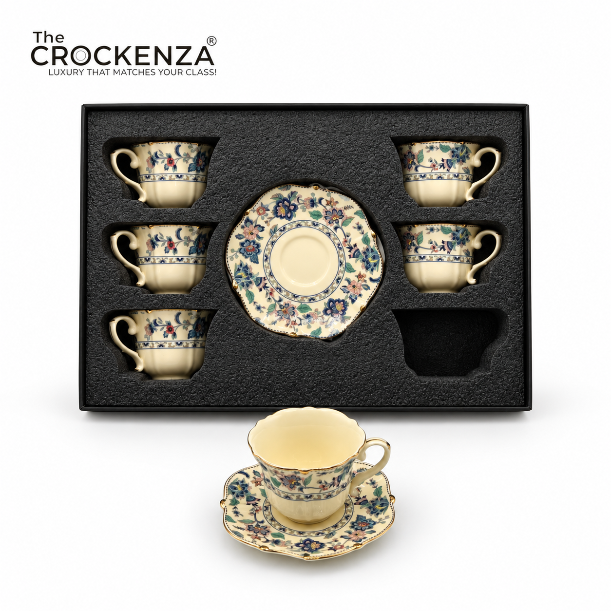 Luxury 12 Pcs Floral Cup & Saucer Set with Gold Handles – Premium Porcelain Tea Cups
