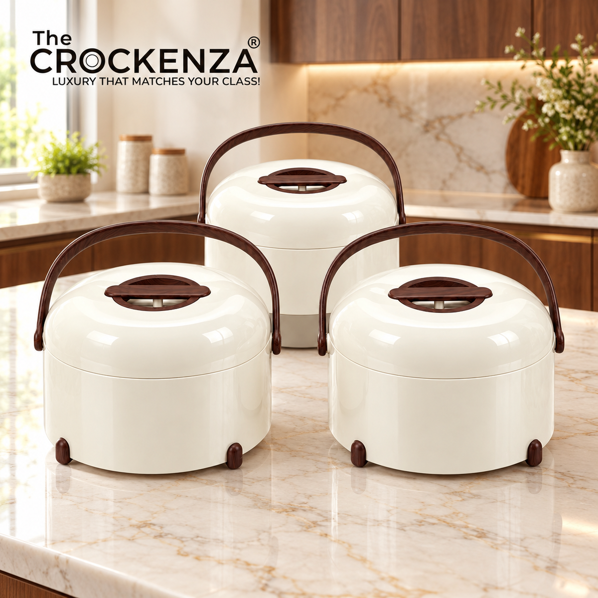 Imported Forever Gold Hotpot Set – Pearl White With Dark Wooden Finish (3L, 4L & 5L)