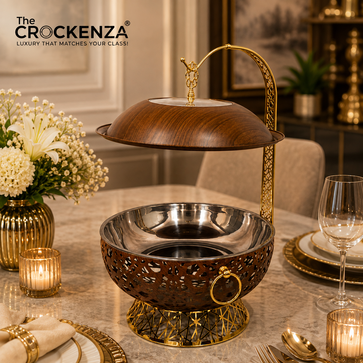 Luxury Wooden Finish Stainless Steel 8-Litre Buffet Dish with Golden Stand & Hanging Lid – Premium Serving Dish