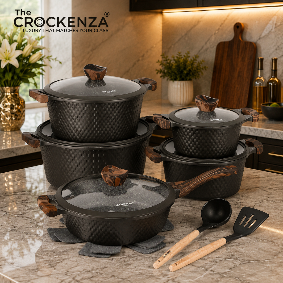 DONNOR GLORY 15-Piece Premium Non-Stick Cookware Set – Luxury Cooking Pots, Fry Pan & Kitchen Utensils | Induction bottom