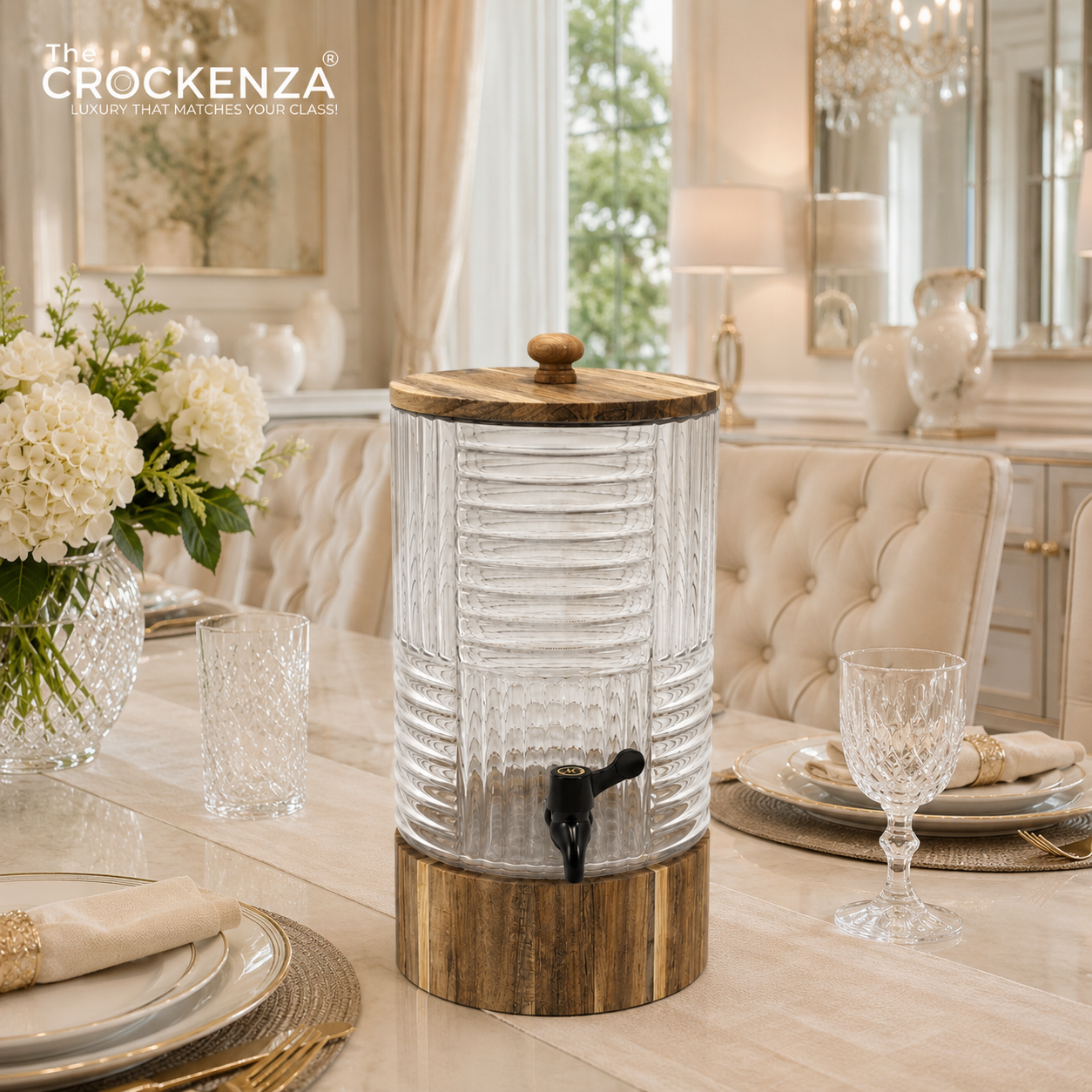 Luxury Glass Beverage Dispenser with Wooden Lid & Stand (3L & 4L) – Premium Ribbed Drink Server with Tap for Water, Juice & Parties