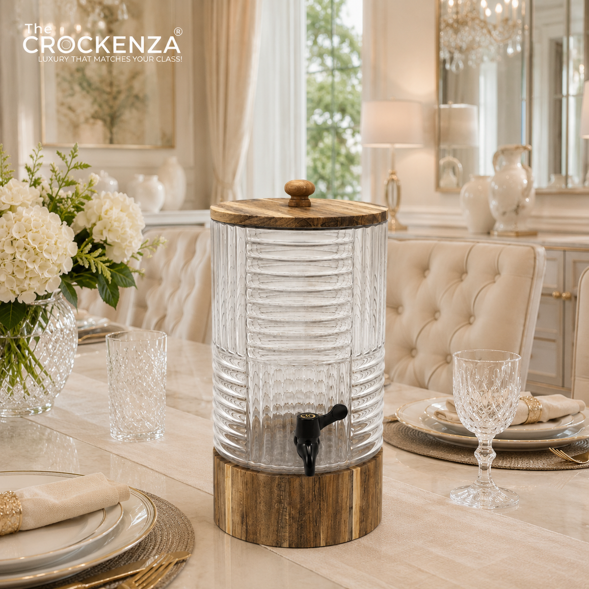 Luxury Glass Beverage Dispenser with Wooden Lid & Stand (3L & 4L) – Premium Ribbed Drink Server with Tap for Water, Juice & Parties