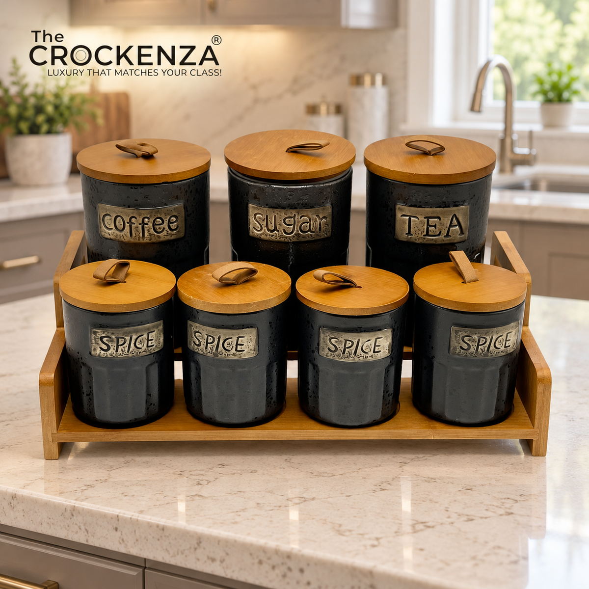 7-Piece Ceramic Airtight Jar Set with Wooden Lids & Storage Tray