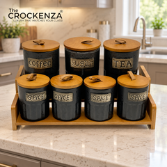7-Piece Ceramic Airtight Jar Set with Wooden Lids & Storage Tray