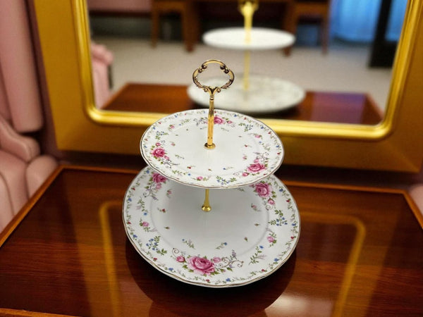 Royal Albert-Inspired 2-Tier Bone China Pastry Stand – Elegant Floral Design with Gold Handle
