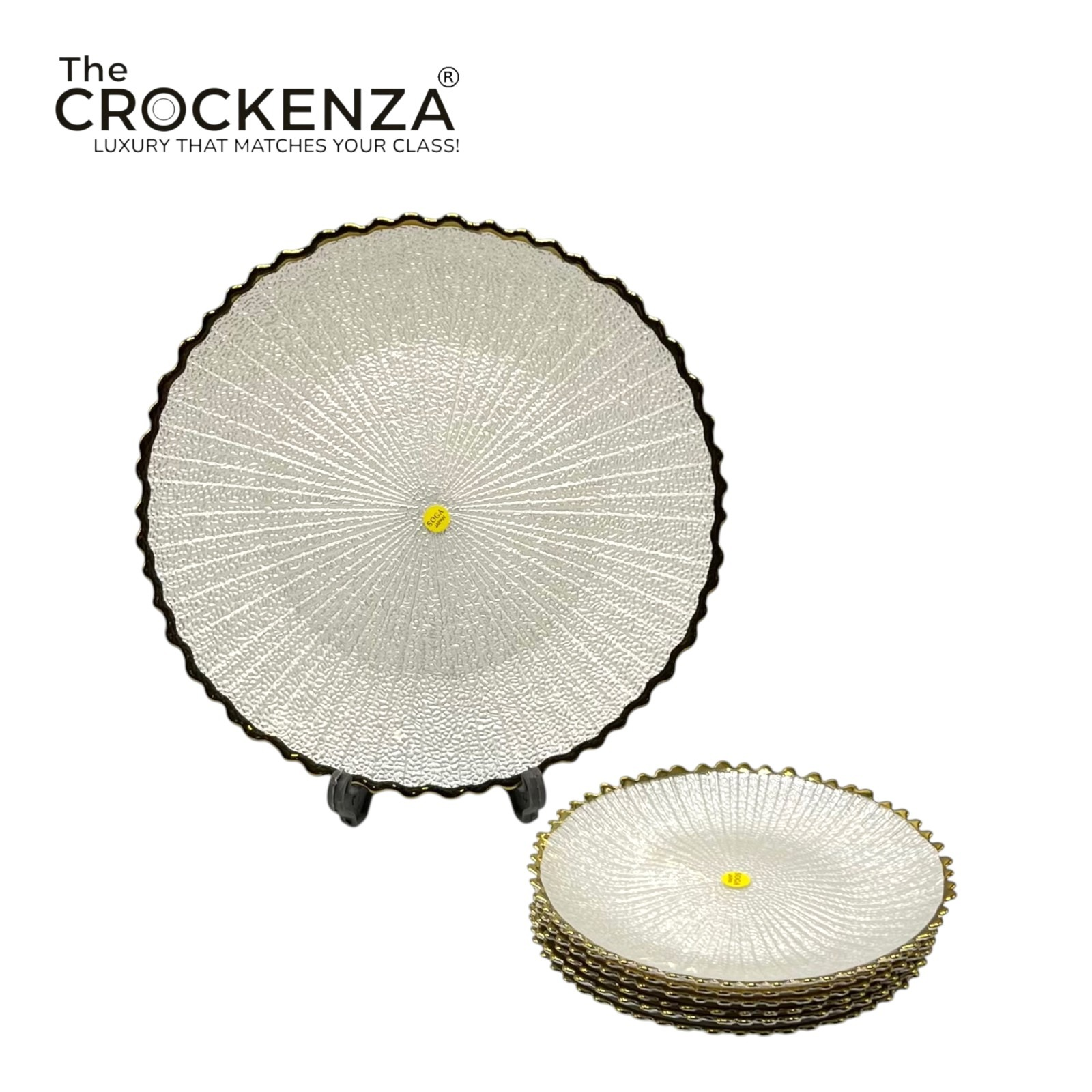 7-Piece Luxury Clear Textured Glass Cake & Dessert Serving Set with Gold Rim – 1 Large & 6 Small Plates