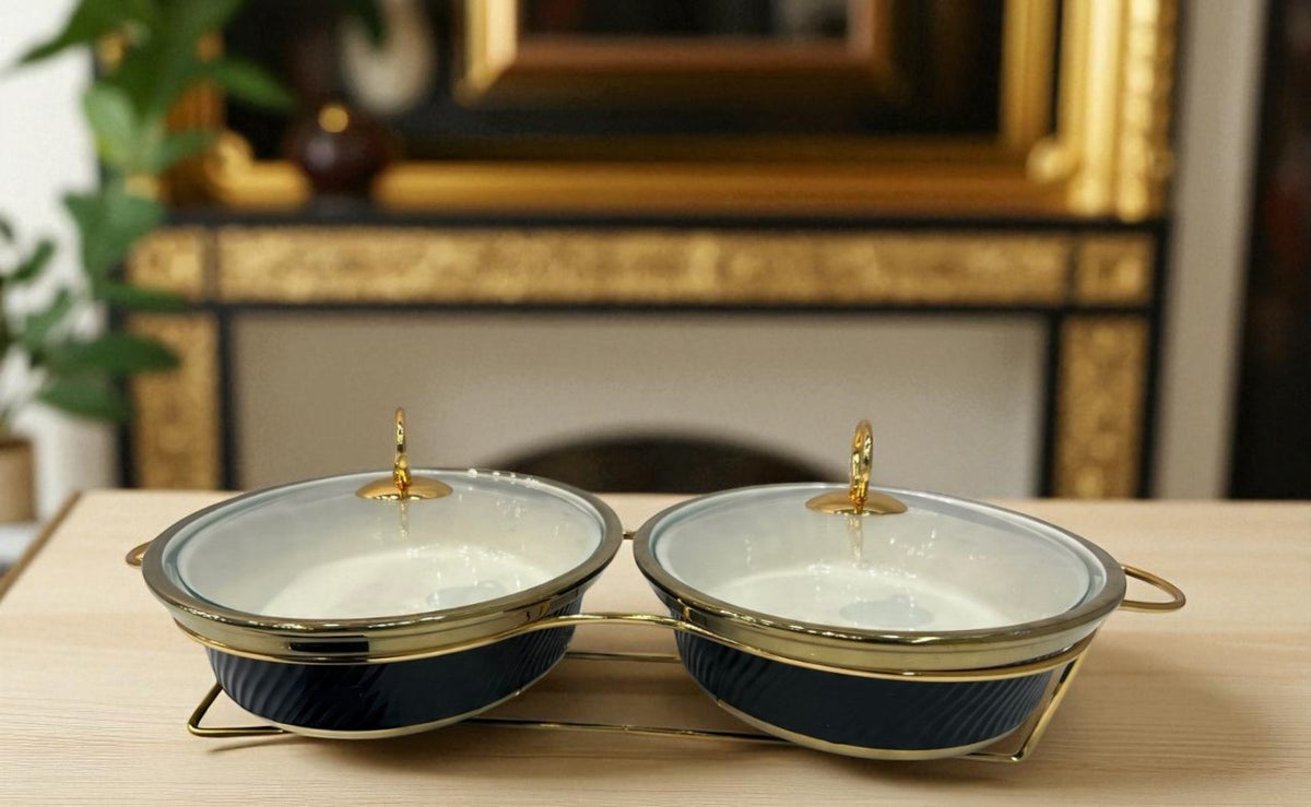 Black Oval Twin Chafing Serving Dishes (12" each) with Handles & Metal Stand – Elegant Buffet Set