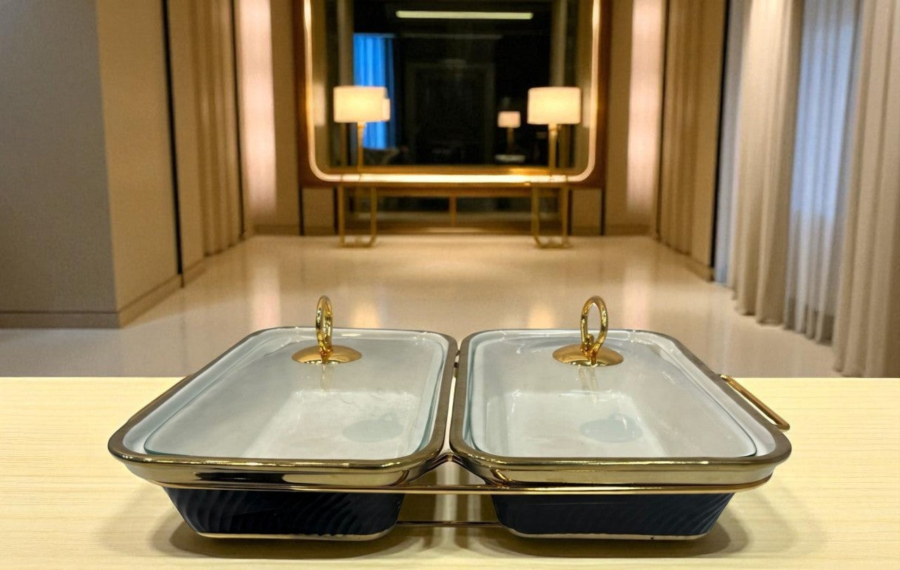 Black Rectangular Twin Chafing Serving Dishes with Handles & Metal Stand – Elegant Buffet Set