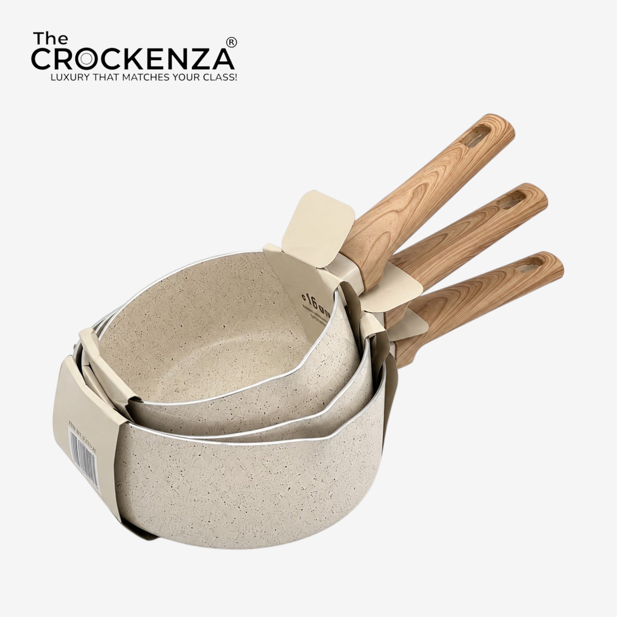 Baroly Premium Granite Non-Stick Sauce Pan Set (16CM, 18CM & 20CM) | Induction Compatible | Wooden Handle Cookware Set
