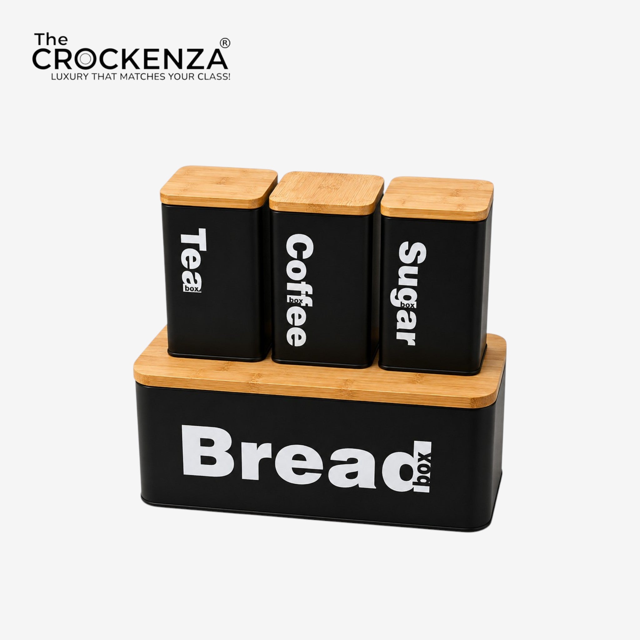 Premium Bread Box with Tea, Coffee & Sugar Canister Set – Bamboo Lid Kitchen Storage Set