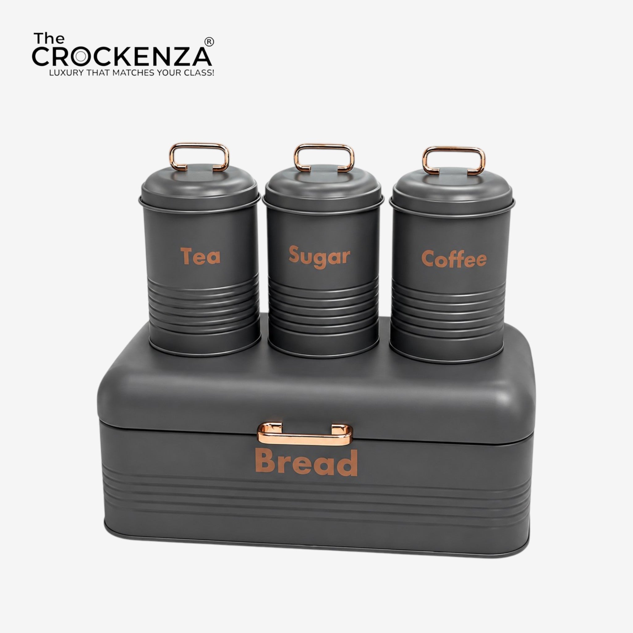 Luxury 4-Piece Bread Box & Tea Coffee Sugar Canister Set – Grey & Copper Kitchen Storage Set