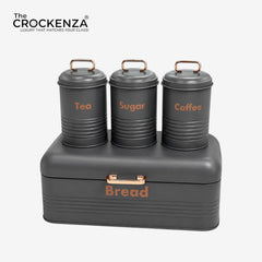 Luxury 4-Piece Bread Box & Tea Coffee Sugar Canister Set – Grey & Copper Kitchen Storage Set