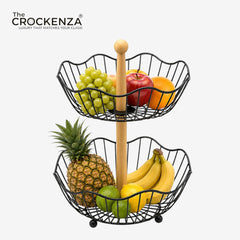 Luxury 2-Tier Metal Fruit Basket with Wooden Handle | Modern Countertop Fruit & Vegetable Organizer