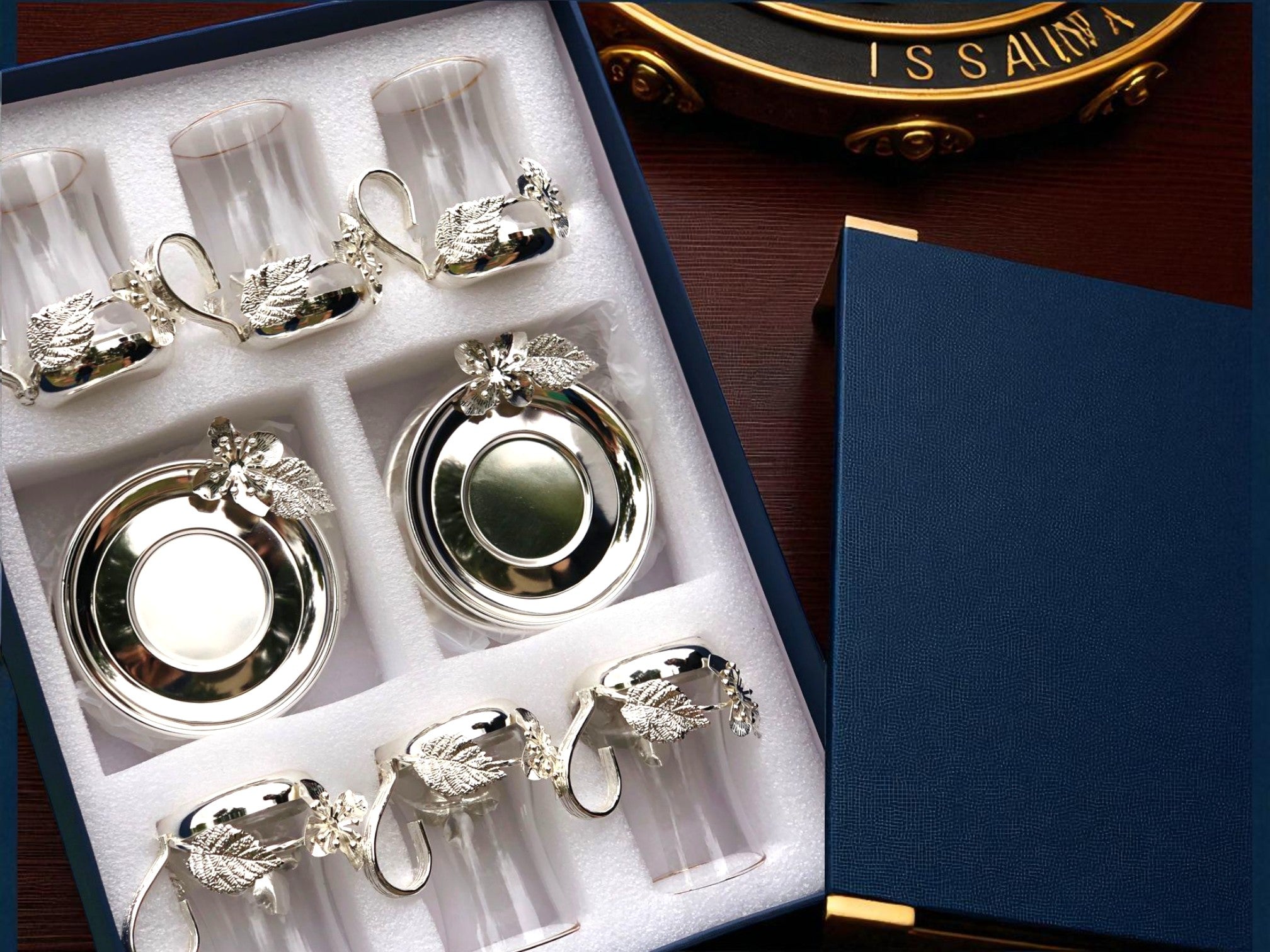 12-Piece Deluxe Silver Qahwa Cup Set – Elegant Arabic Coffee Glasses with Floral Detail