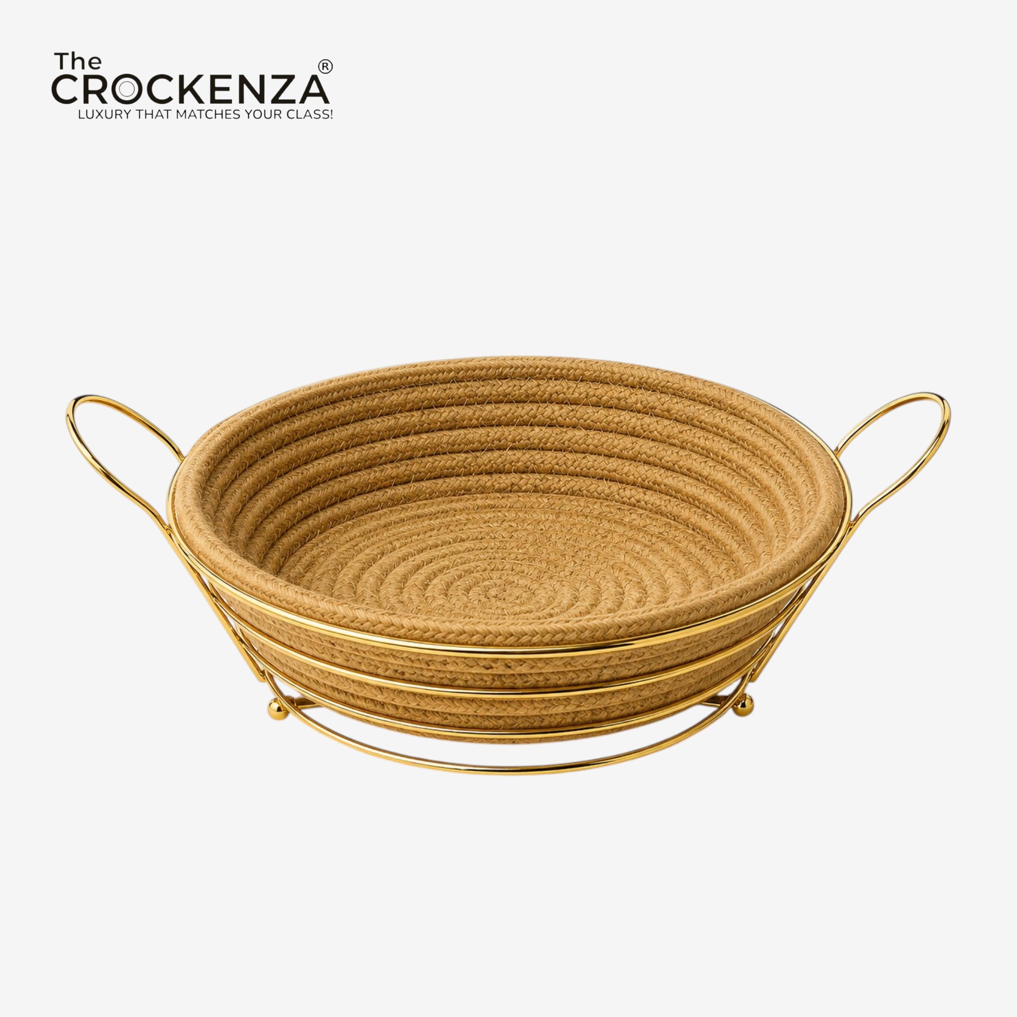 Luxury Woven Multipurpose Serving Basket with Golden Metal Frame & Handles