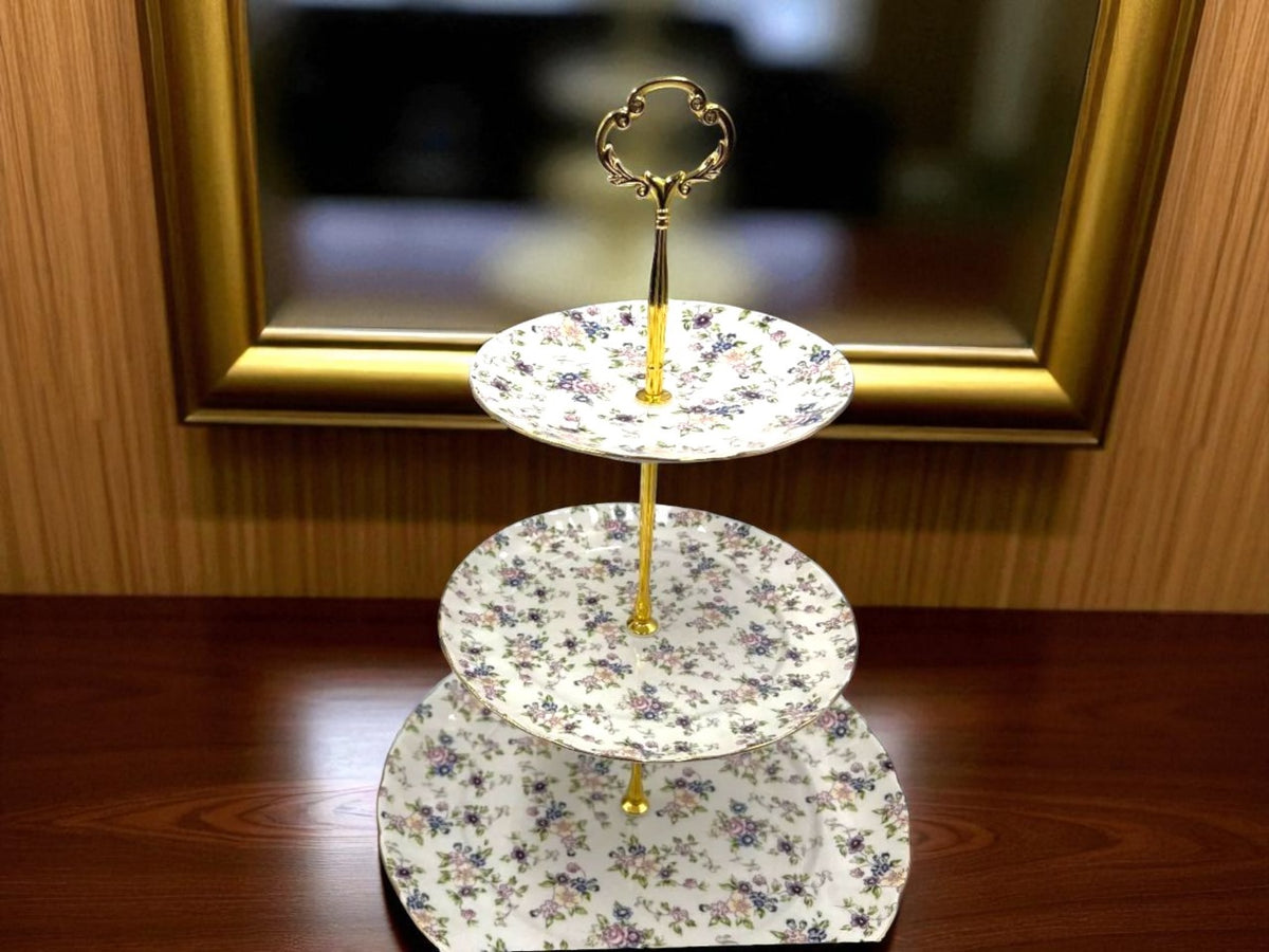 Royal Albert-Inspired 3-Tier Bone China Pastry Stand – Elegant Floral Design with Gold Handle