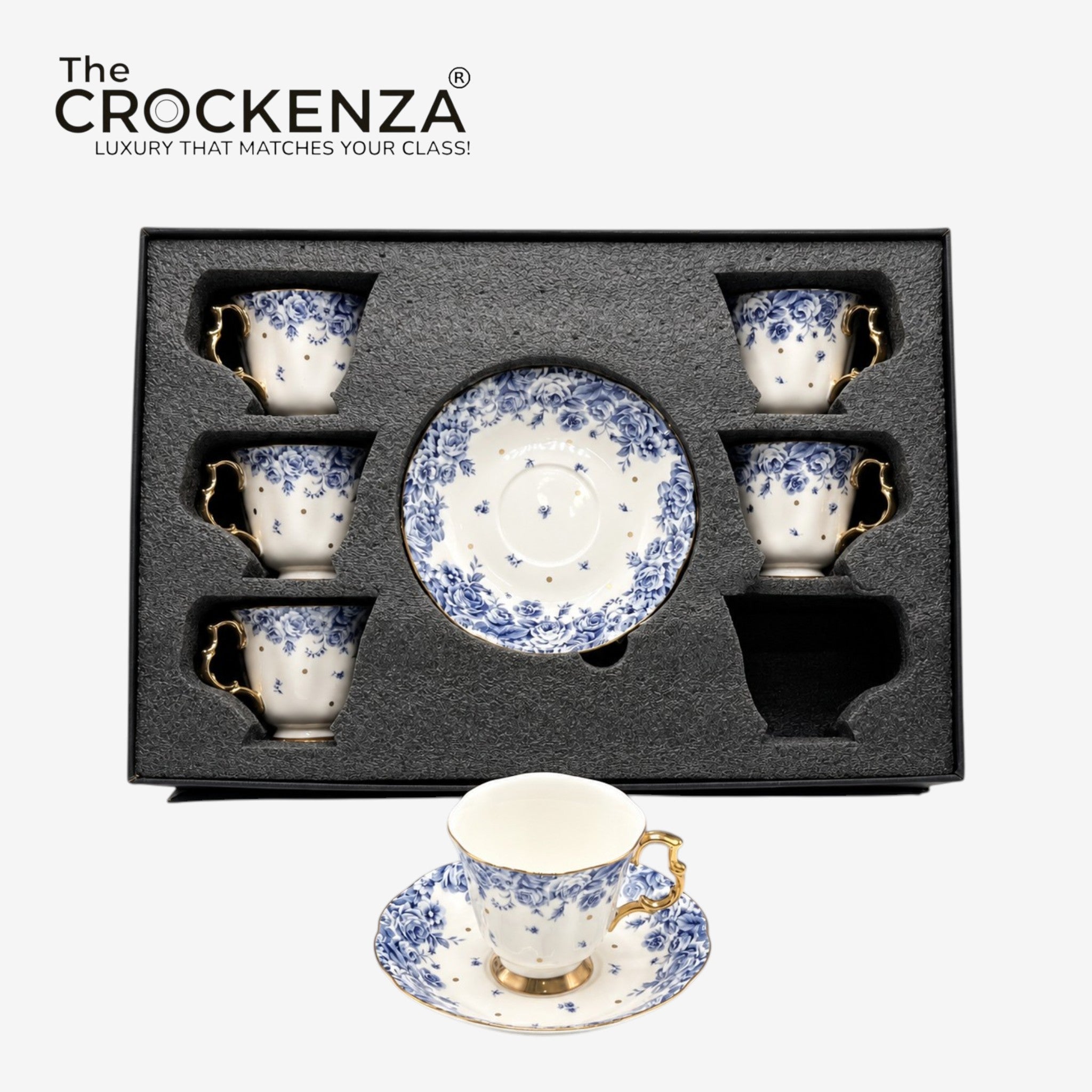 Luxury 12 Pcs Floral Cup & Saucer Set with Gold Handles – Premium Porcelain Tea Set