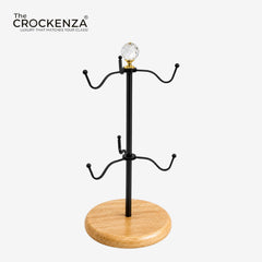 Luxury Wooden Base Cup Holder Stand with Crystal Top | Premium 6-Hook Coffee Mug Tree | Modern Kitchen Mug Organizer