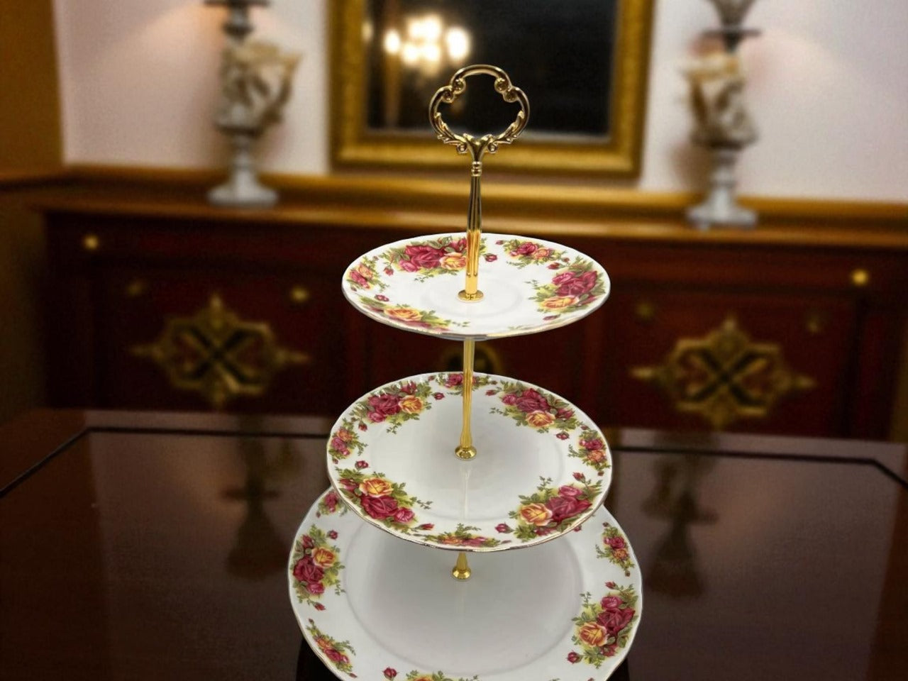 Royal Albert-Inspired 3-Tier Bone China Pastry Stand – Elegant Floral Design with Gold Handle
