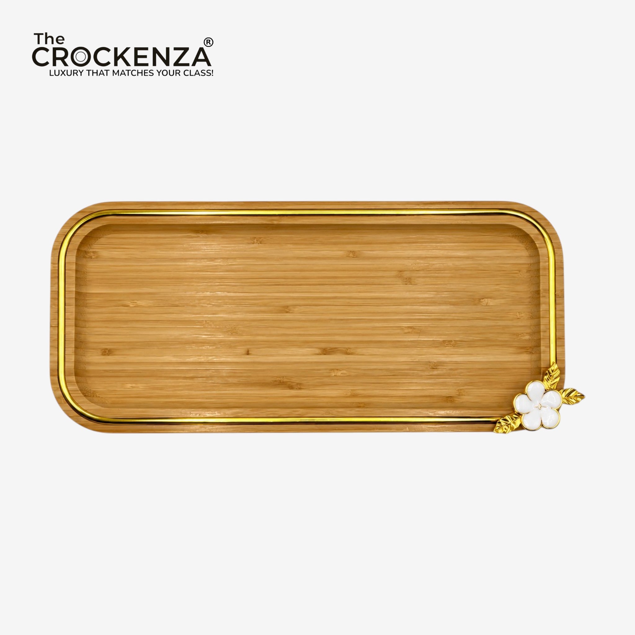 Luxury Rectangular Bamboo Serving Platter with Gold Floral Detail – Small & Medium
