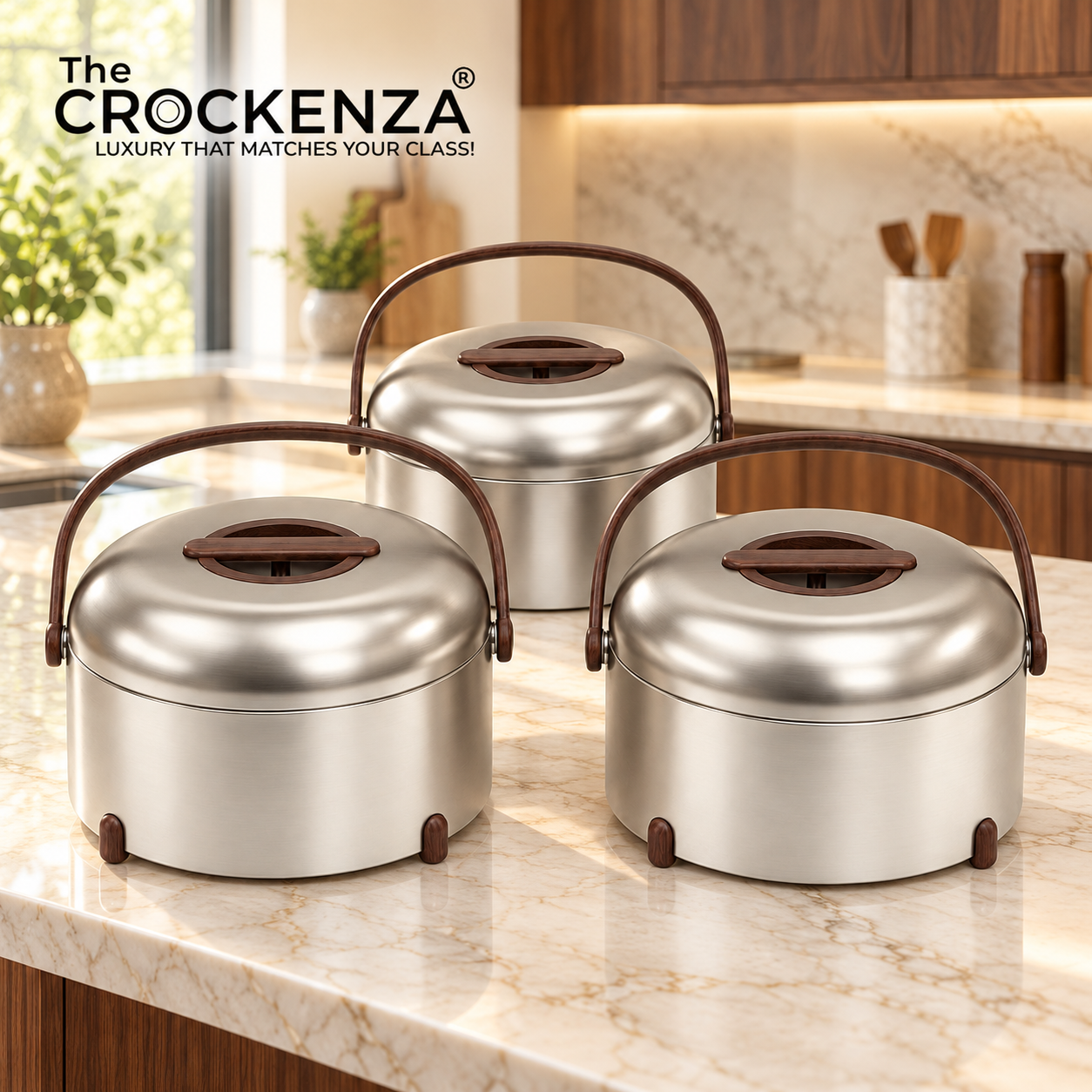 Imported Forever Gold Hotpot Set – Matte Nickel with Dark Wooden Finish (3L, 4L & 5L)