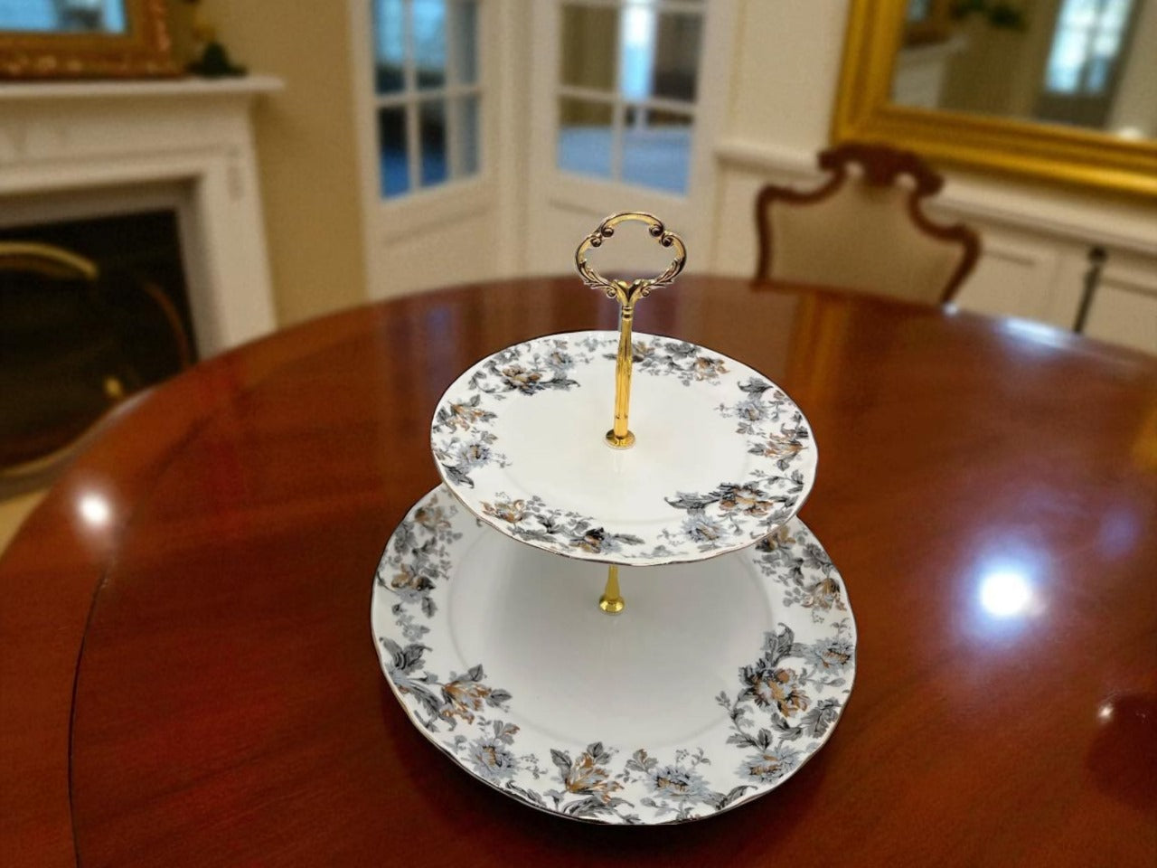 Royal Albert-Inspired 2-Tier Bone China Pastry Stand – Elegant Floral Design with Gold Handle