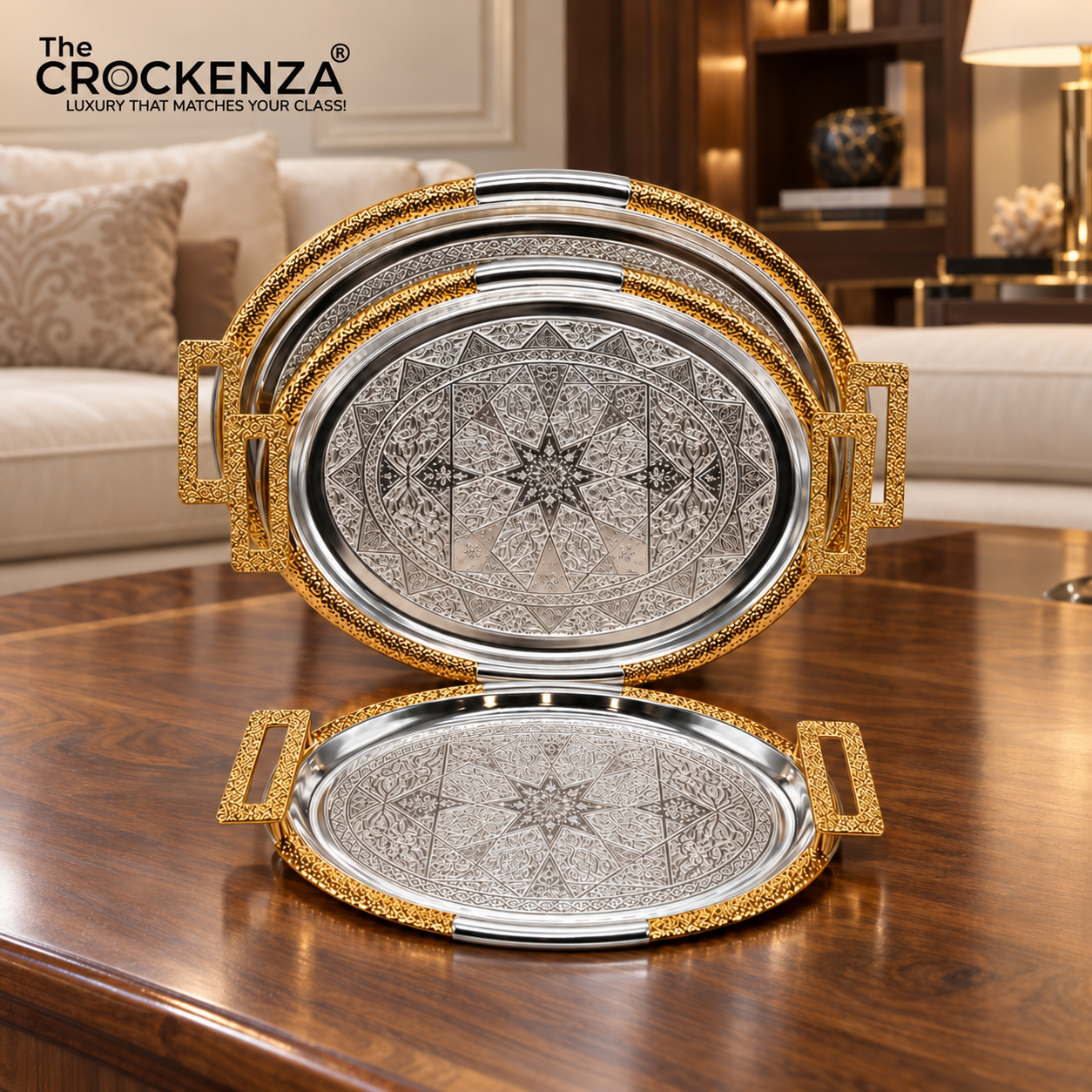 Premium Silver Metal Serving Tray Set (3 Pcs) | Elegant Decorative & Serving Trays G-12