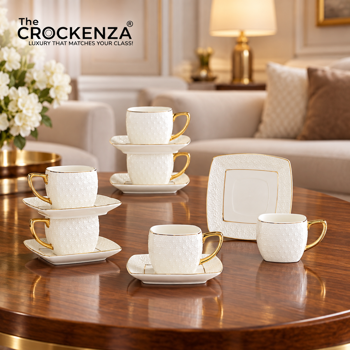 Imperial Thailand Inspired 12-Piece Cup & Saucer Set – White & Gold