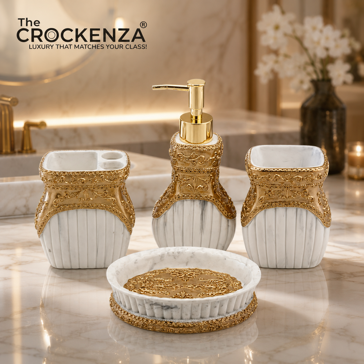 The Crockenza Royal Baroque 4-Piece Bathroom Set – Luxury White Marble & Gold Filigree Vanity Accessories
