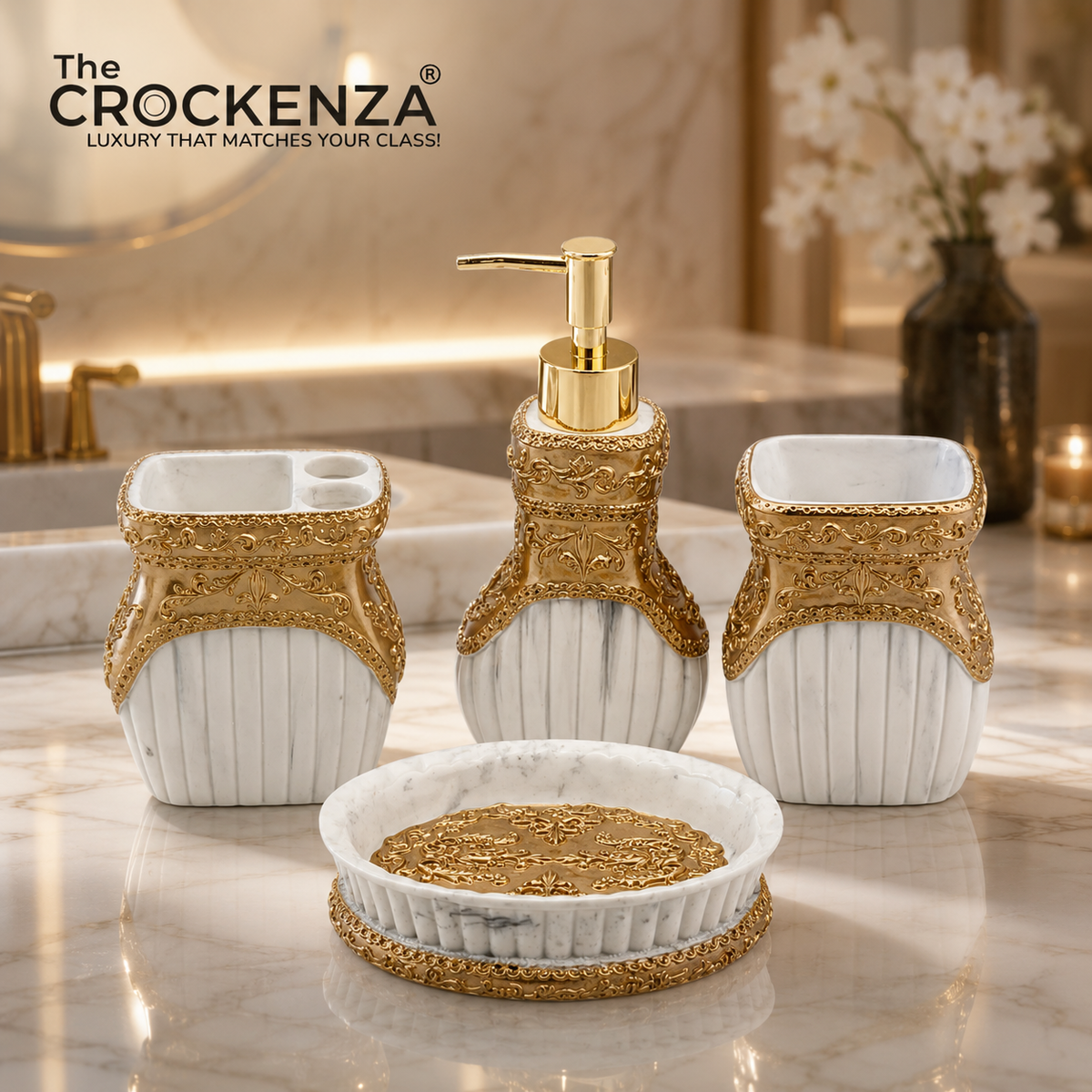 The Crockenza Royal Baroque 4-Piece Bathroom Set – Luxury White Marble & Gold Filigree Vanity Accessories