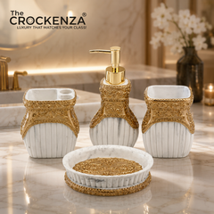 The Crockenza Royal Baroque 4-Piece Bathroom Set – Luxury White Marble & Gold Filigree Vanity Accessories