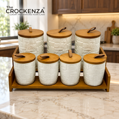 7-Piece Ceramic Airtight Jar Set with Wooden Lids & Storage Tray