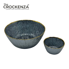 Luxury 7-Piece Blue Textured Glass Bowl Set with Gold Rim – 1 Large & 6 Small Serving Bowls