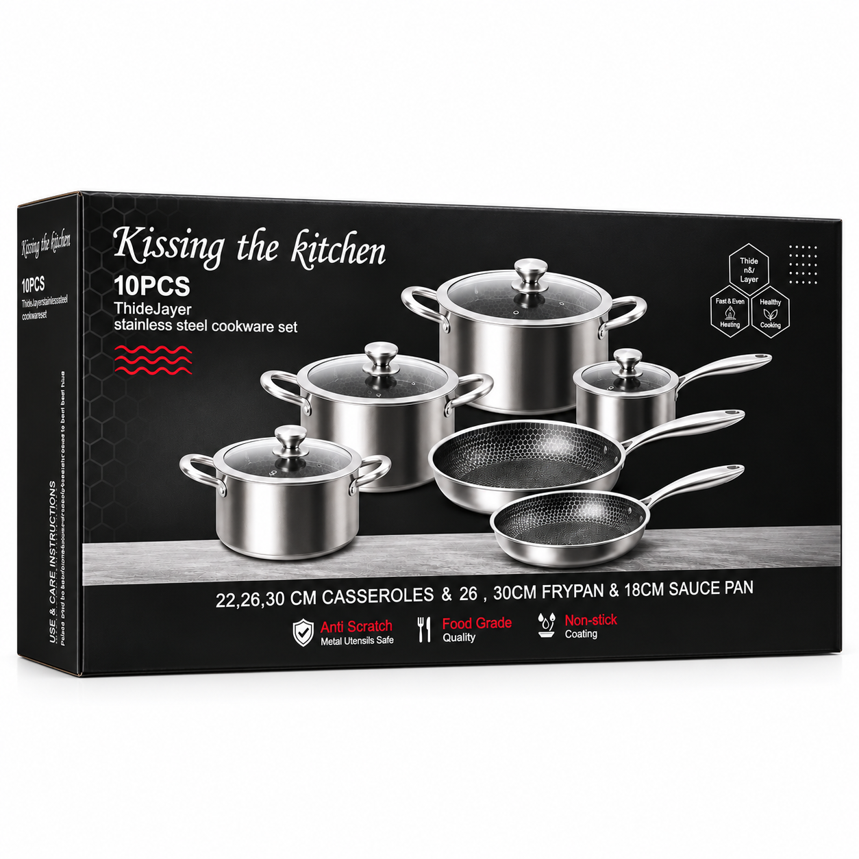 Imported Kissing the Kitchen 10-piece Laser-Coated Honeycomb Cookware Set with Glass Lids