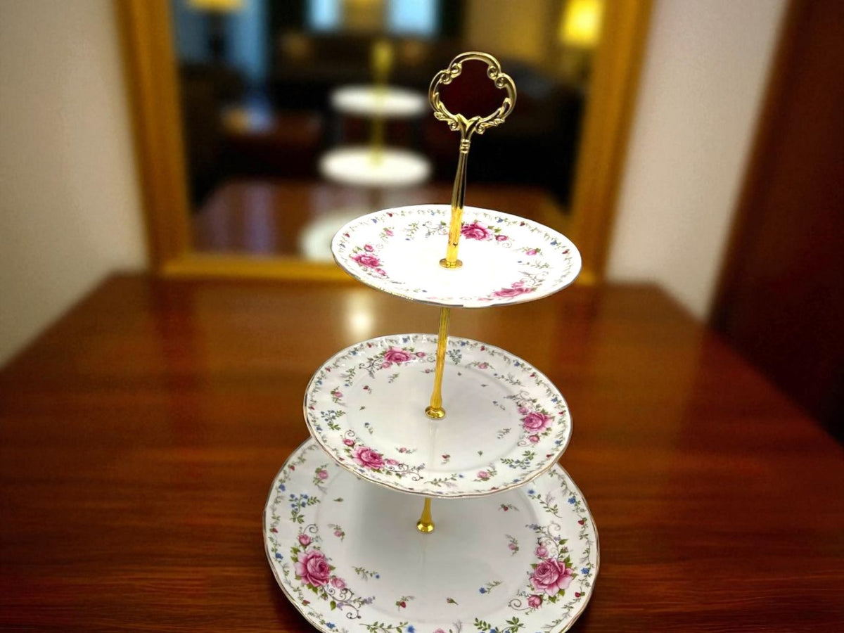 Royal Albert-Inspired 3-Tier Bone China Pastry Stand – Elegant Floral Design with Gold Handle